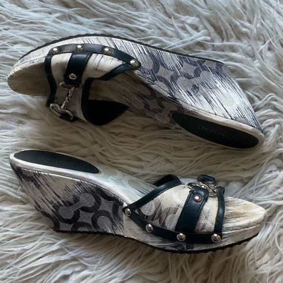 Coach Natala Black/White Canvas Leather Trim Slip-On Wedge Sandals EUC Size 10 - Picture 2 of 10